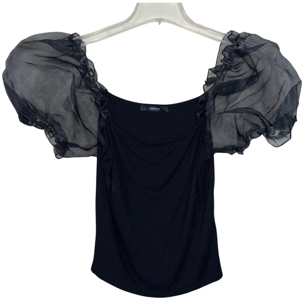 Forever 21 Black Puff Sleeve Ribbed Crop Top Size Medium
